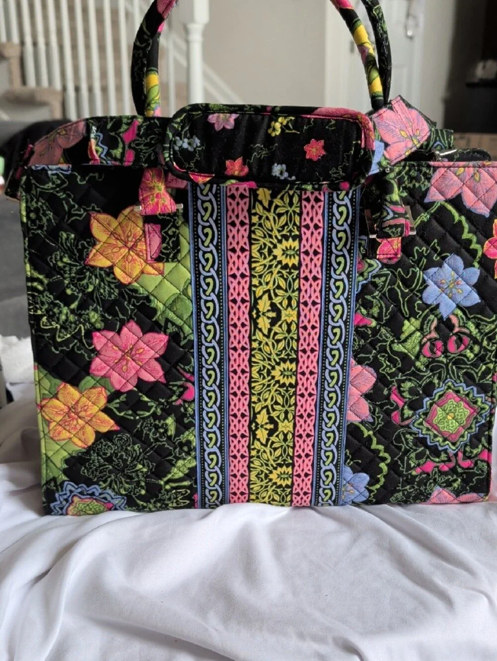 Quilted Floral Tote Bag in Black with Multicolor Accents by Vera Bradley